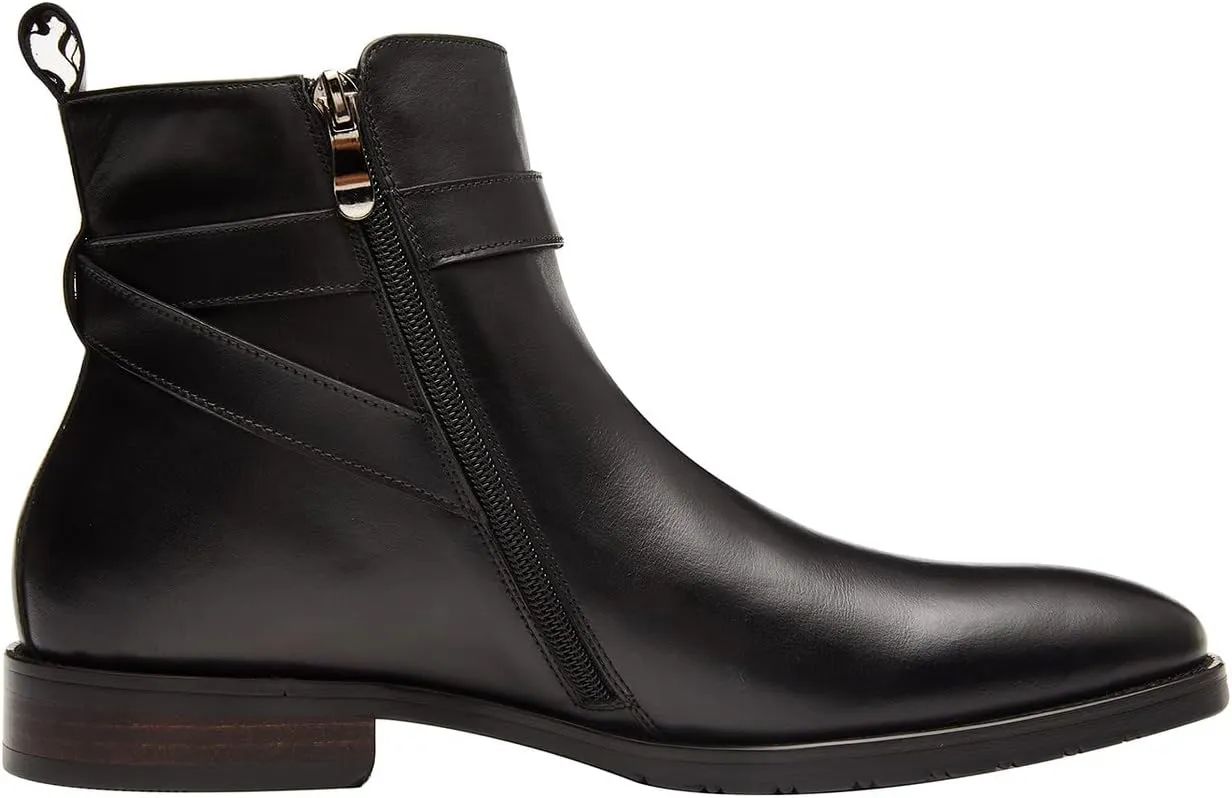 Santimon Mens Leather Boots Buckle Strap Formal Dress Business Casual Motorcycle Zip Ankle Boot For Men