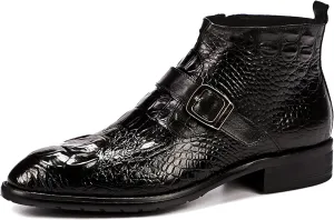 Santimon Mens Zipper Dress Leather Crocodile Print Bukle Strap Ankle Fashion Monk Boots