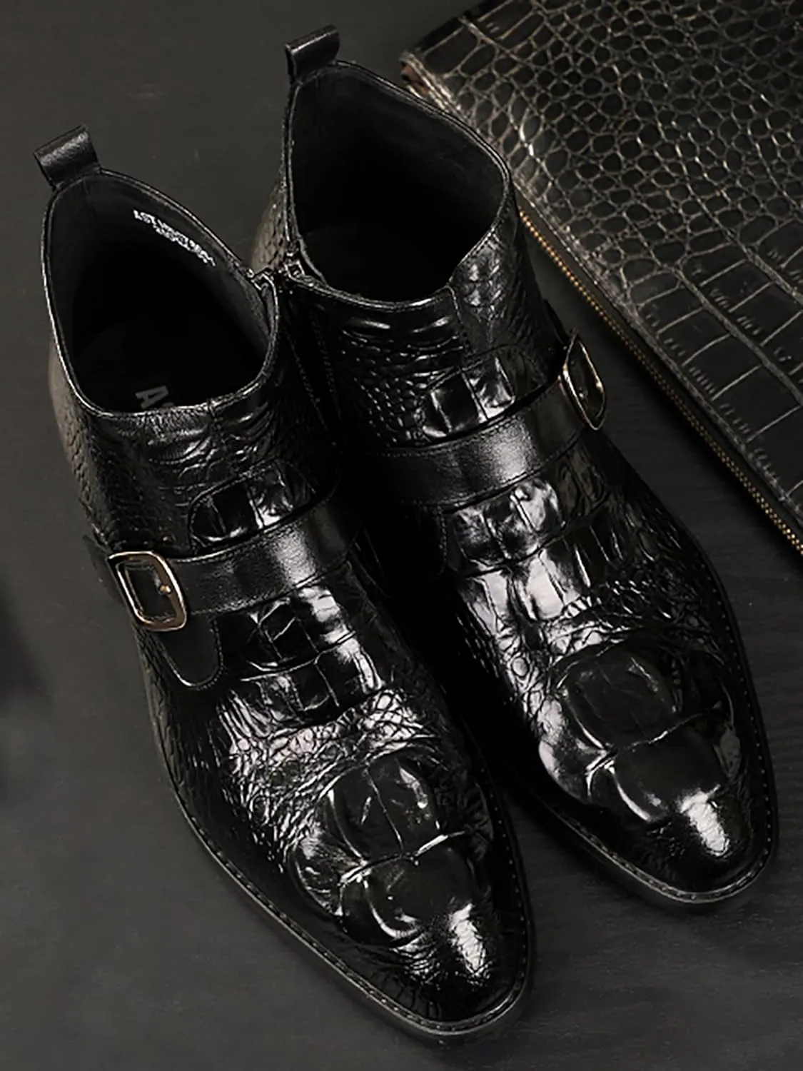 Santimon Mens Zipper Dress Leather Crocodile Print Bukle Strap Ankle Fashion Monk Boots