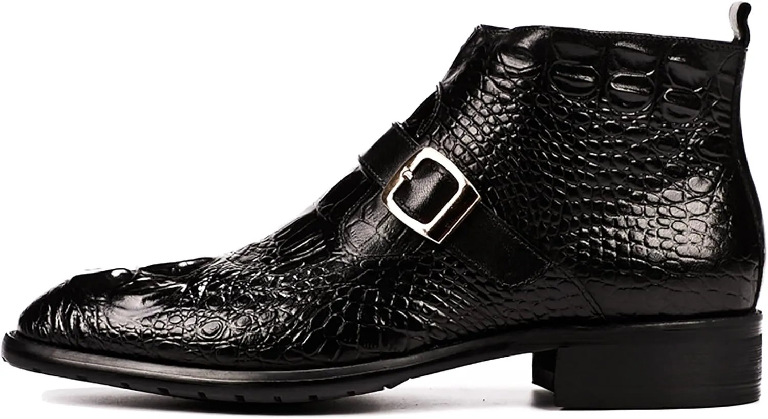 Santimon Mens Zipper Dress Leather Crocodile Print Bukle Strap Ankle Fashion Monk Boots