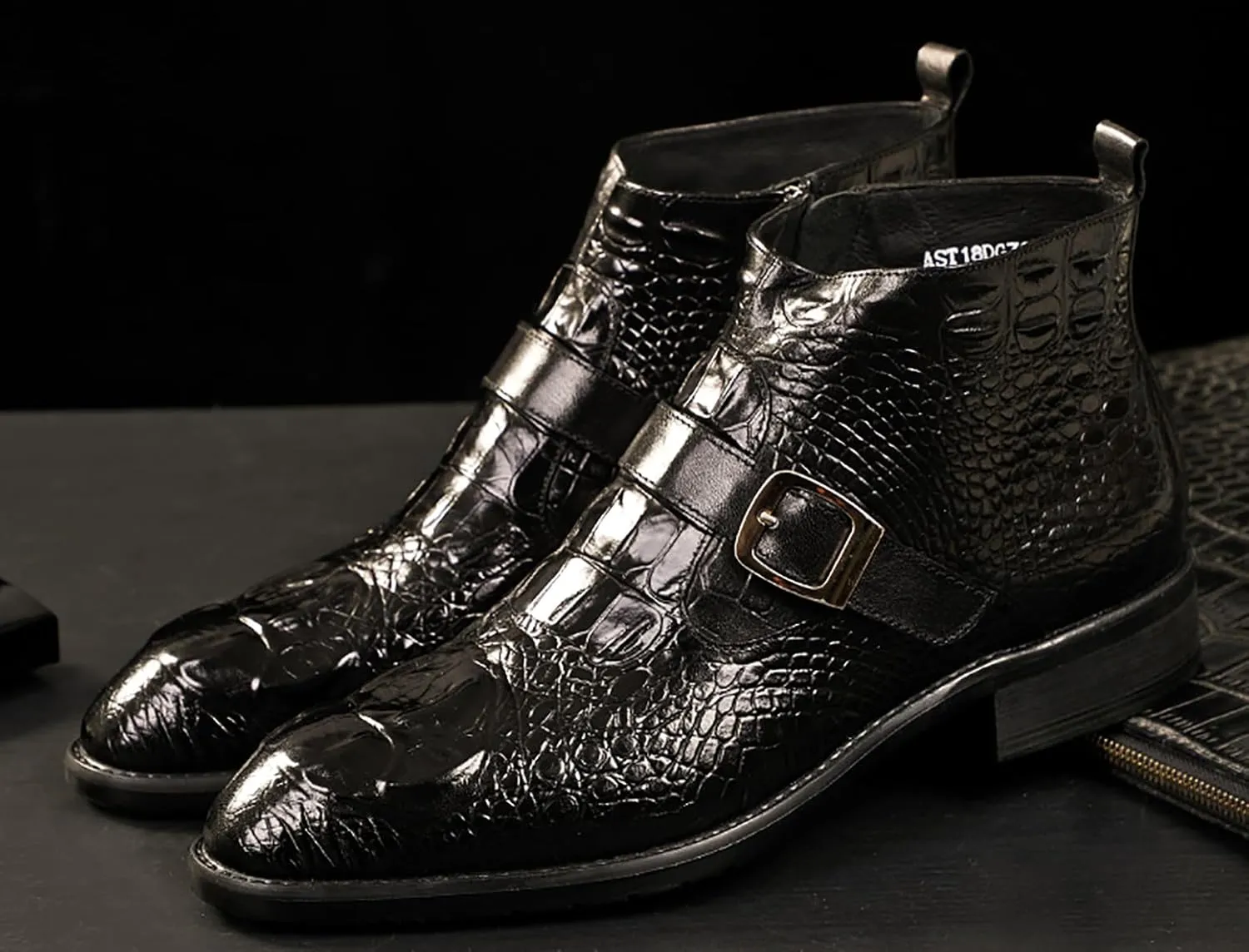 Santimon Mens Zipper Dress Leather Crocodile Print Bukle Strap Ankle Fashion Monk Boots