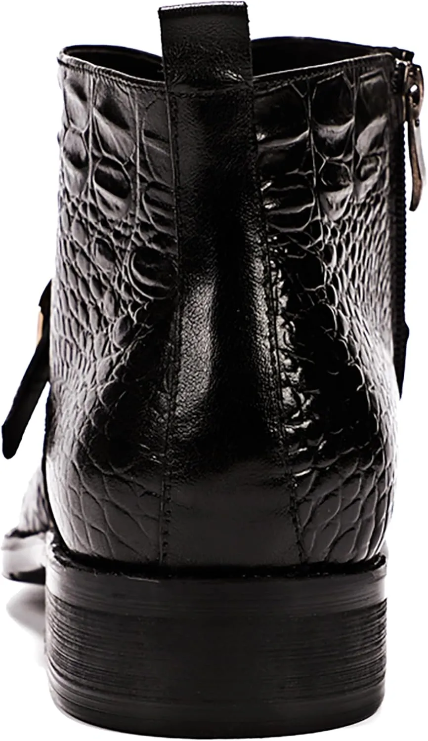 Santimon Mens Zipper Dress Leather Crocodile Print Bukle Strap Ankle Fashion Monk Boots