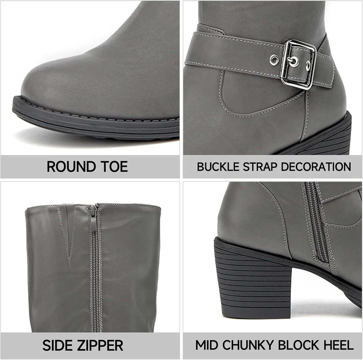 SelenePair Women's Knee High Boots Fashion Round Toe Buckle Strap Slouchy Mid Chunky Block Heel Boot