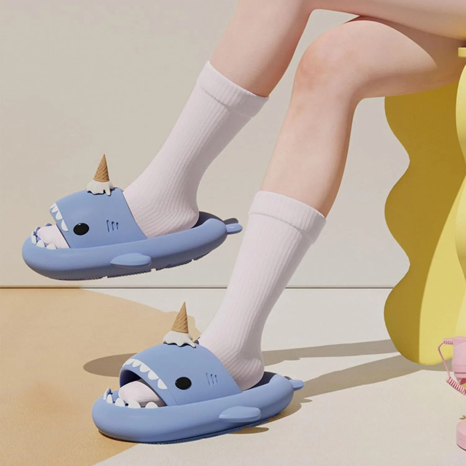 Shark Slides Ice Cream Cone, Cute Cartoon 3D Cloud Shark House Slippers Shoes Sandals For Women Men