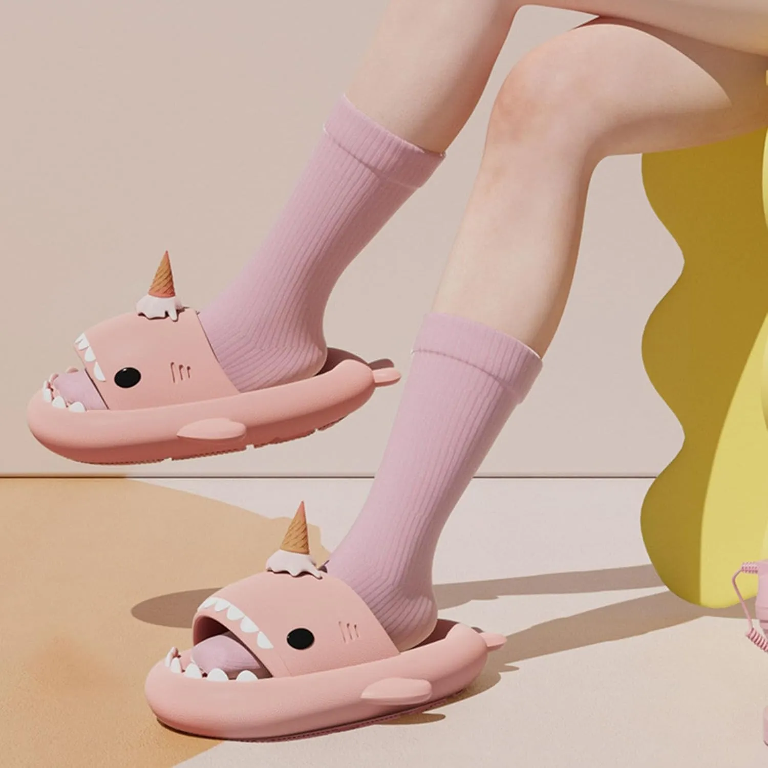 Shark Slides Ice Cream Cone, Cute Cartoon 3D Cloud Shark House Slippers Shoes Sandals For Women Men