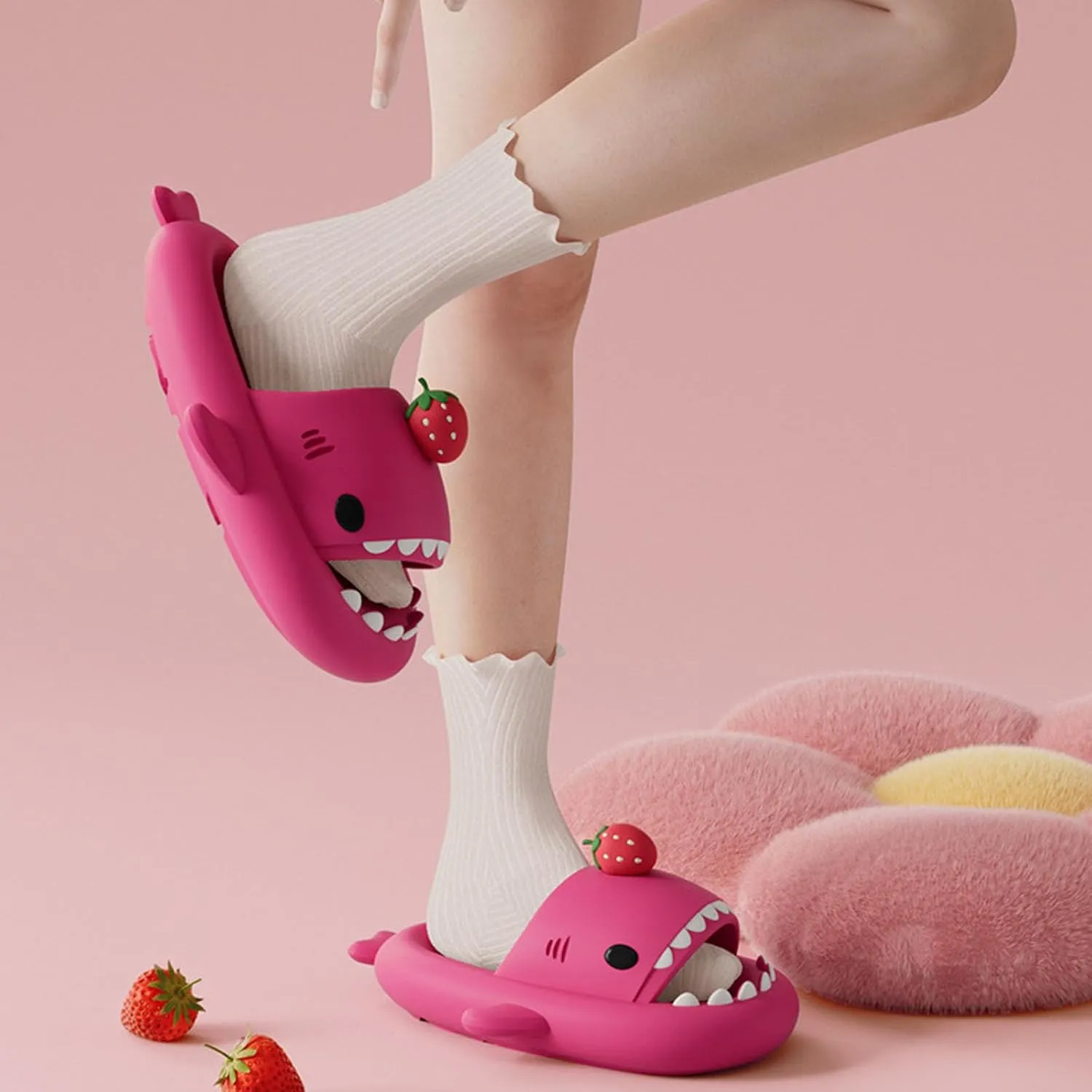 Shark Slides Strawberry, Cute Cartoon 3D Cloud Shark Slippers Shoes Sandals For Women Men
