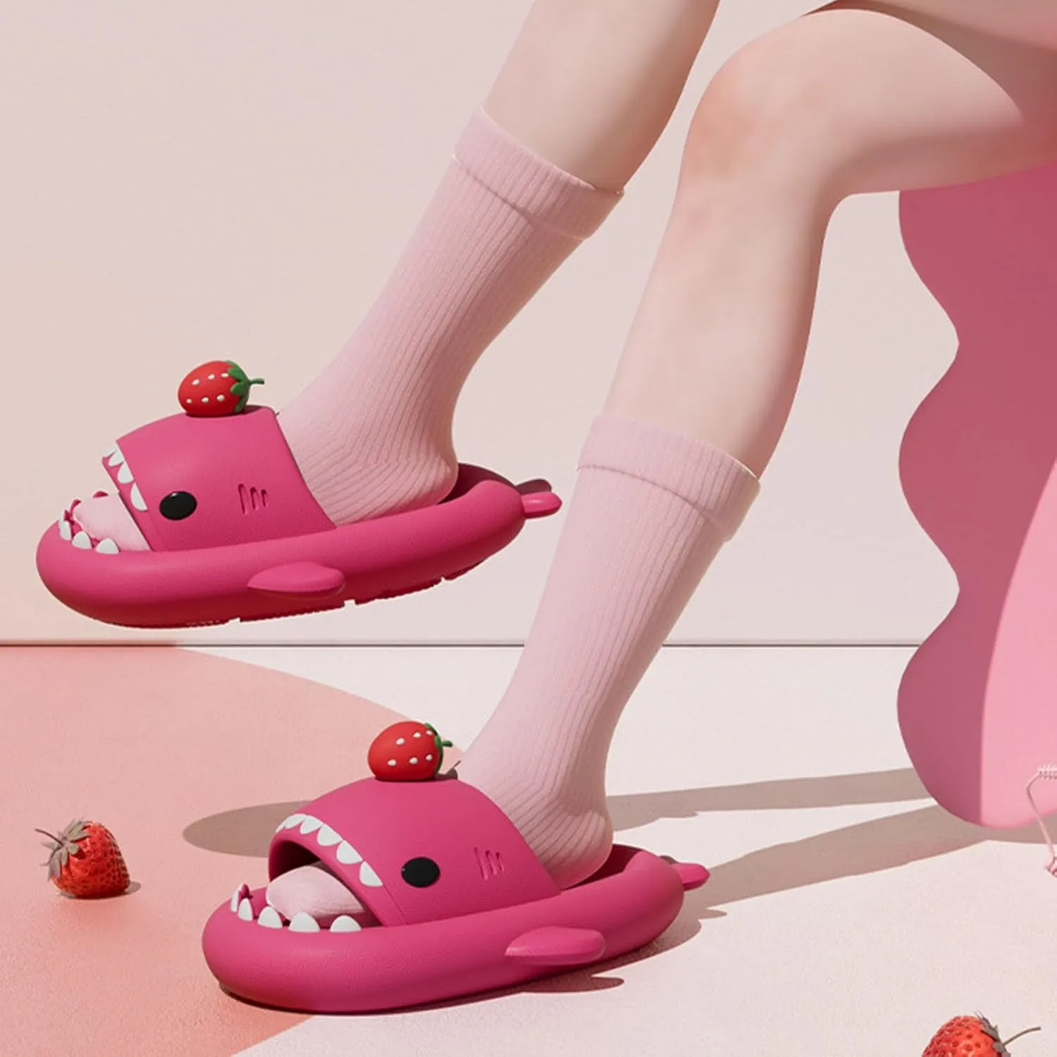Shark Slides Strawberry, Cute Cartoon 3D Cloud Shark Slippers Shoes Sandals For Women Men