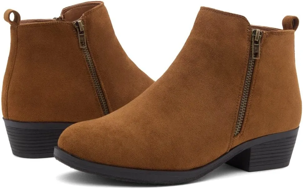 Shoe Land Ellaire Women's Ankle Booties Chunky Low Heeled Zipper Boots Black booties Almond Toe Slip on Walking Shoes