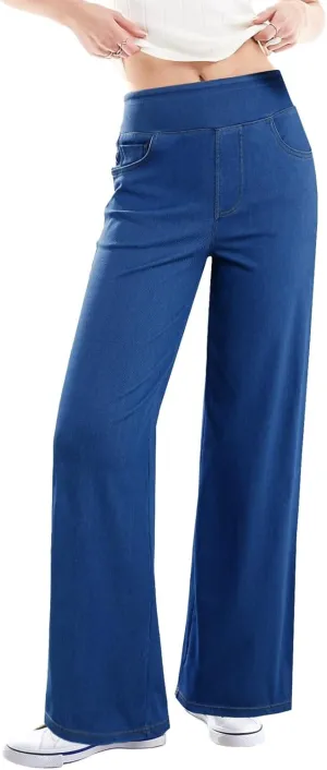 Sidefeel Women's Wide Leg Jeans High Waisted Tummy Control Soft Stretchy Comfort Fit Pull On Denim Pants