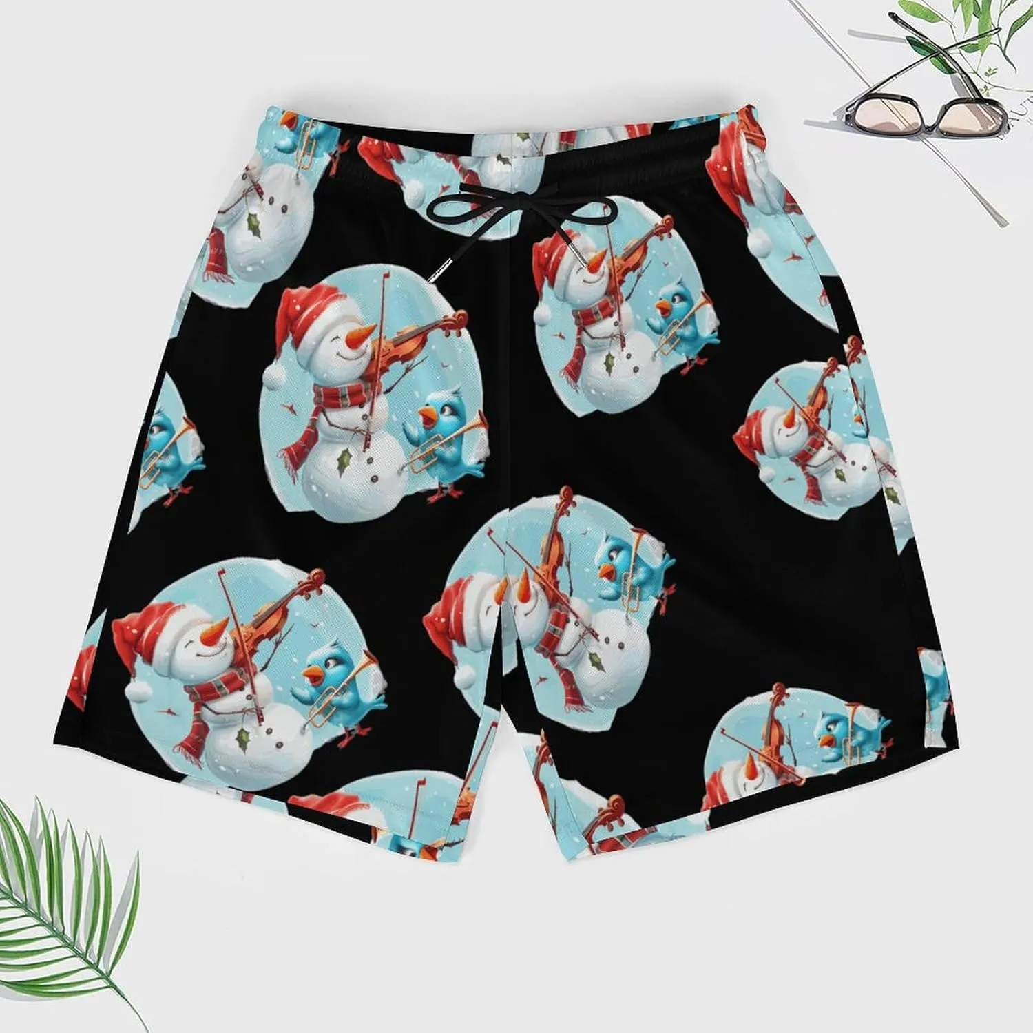 Snowman Playing A Violin Men's Swim Trunks Quick Dry Board Shorts Swimwear Beach Shorts with Compression Liner