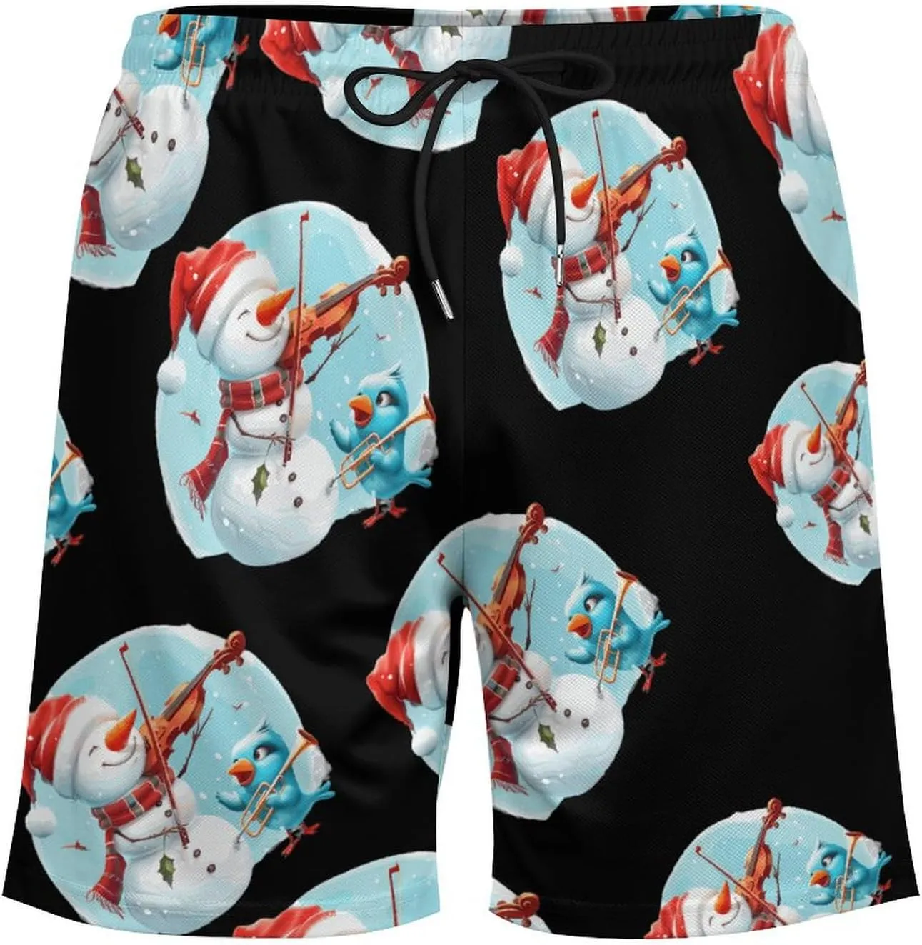 Snowman Playing A Violin Men's Swim Trunks Quick Dry Board Shorts Swimwear Beach Shorts with Compression Liner