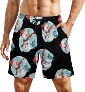 Snowman Playing A Violin Men's Swim Trunks Quick Dry Board Shorts Swimwear Beach Shorts with Compression Liner