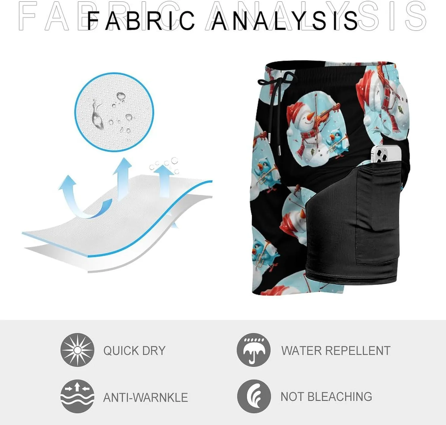 Snowman Playing A Violin Men's Swim Trunks Quick Dry Board Shorts Swimwear Beach Shorts with Compression Liner
