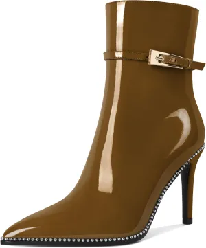 Soireelady Womens Ankle Boots Pointed Toe High Heel Boots Beaded Stilettos Booties Short Boots with Metal Buckle Side Zipper Boot 4 Inch