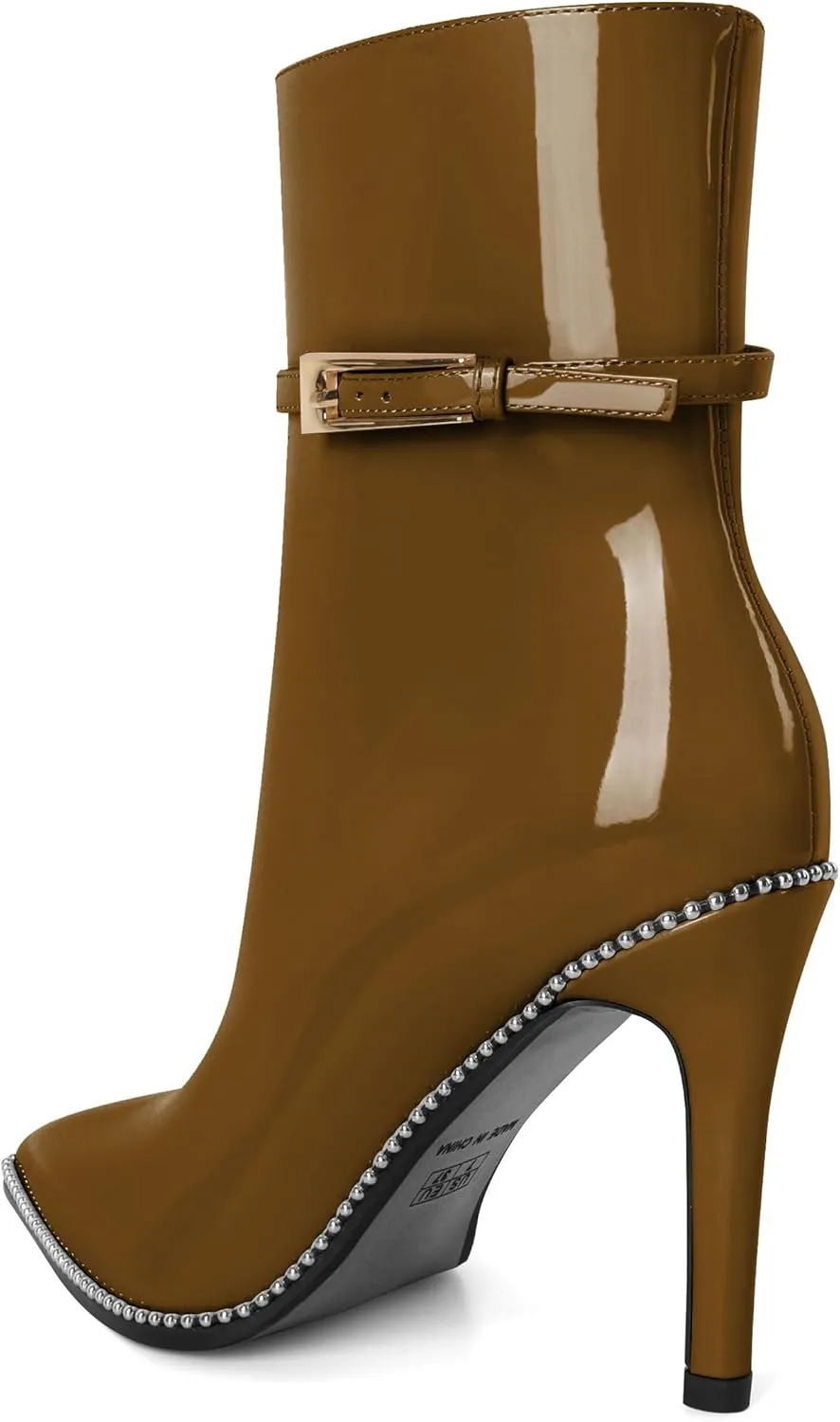 Soireelady Womens Ankle Boots Pointed Toe High Heel Boots Beaded Stilettos Booties Short Boots with Metal Buckle Side Zipper Boot 4 Inch