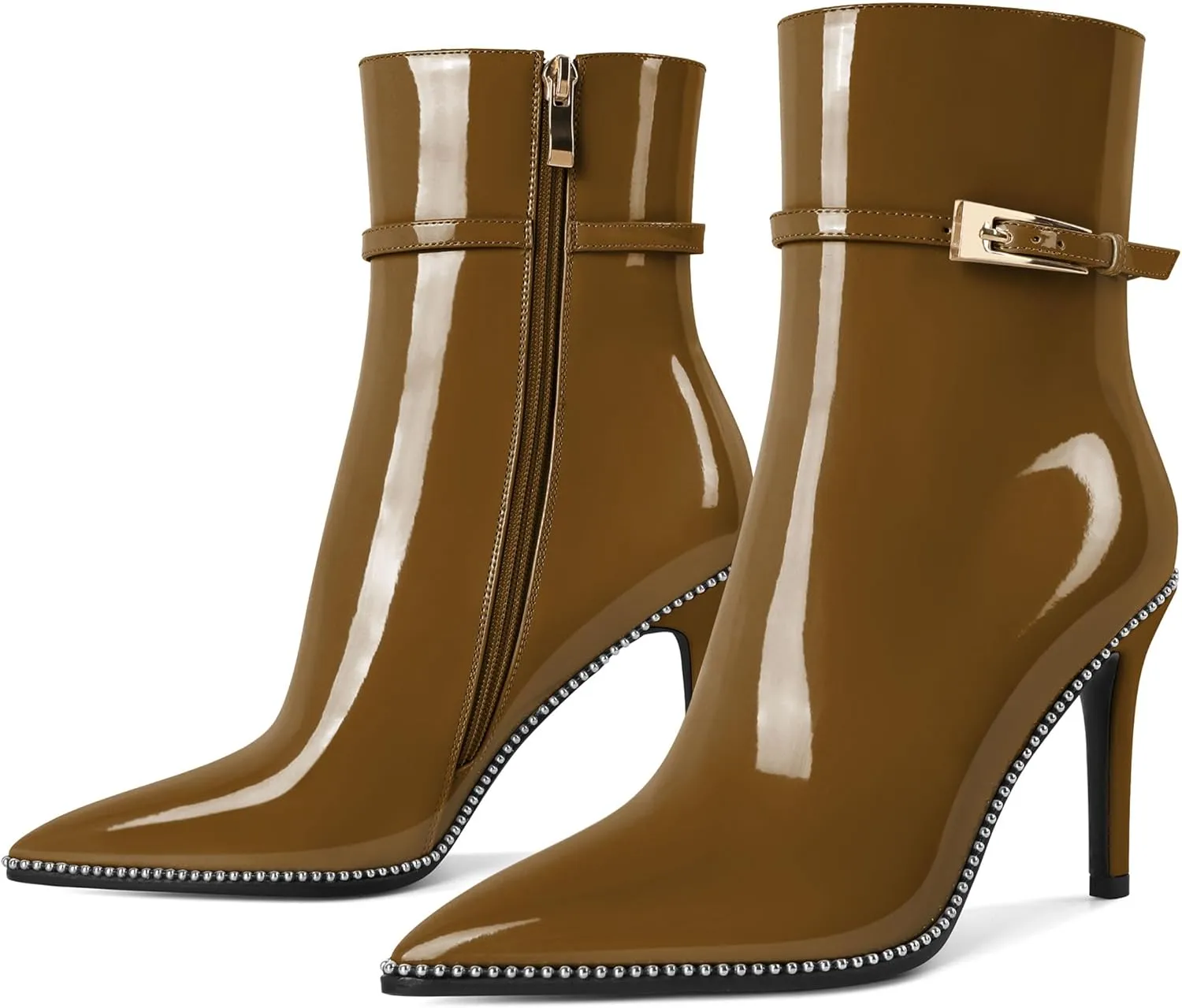 Soireelady Womens Ankle Boots Pointed Toe High Heel Boots Beaded Stilettos Booties Short Boots with Metal Buckle Side Zipper Boot 4 Inch