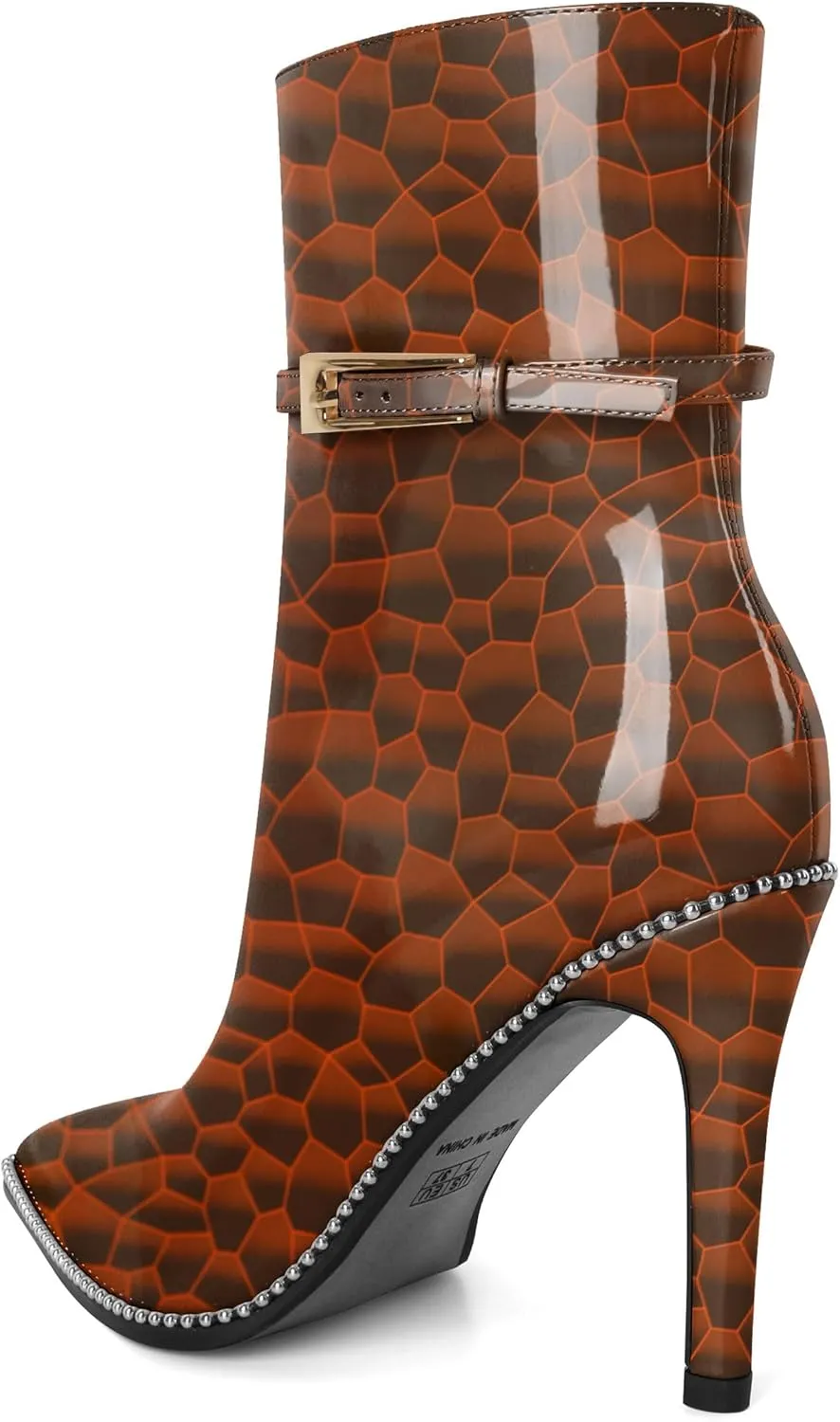 Soireelady Womens Ankle Boots Pointed Toe High Heel Boots Beaded Stilettos Booties Short Boots with Metal Buckle Side Zipper Boot 4 Inch