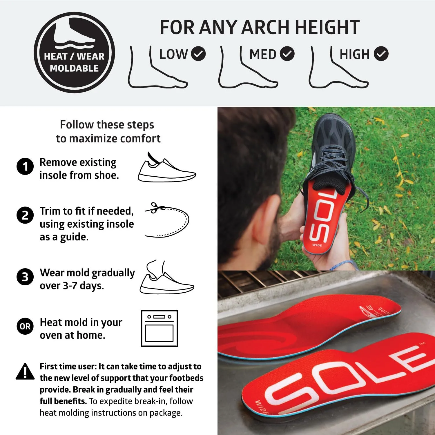 SOLE Active Medium Wide Plantar Fasciitis Insoles, Men & Women - Arch Support Inserts for Foot Health and Heel Pain Relief, Orthotic Shoe Inserts Men & Women