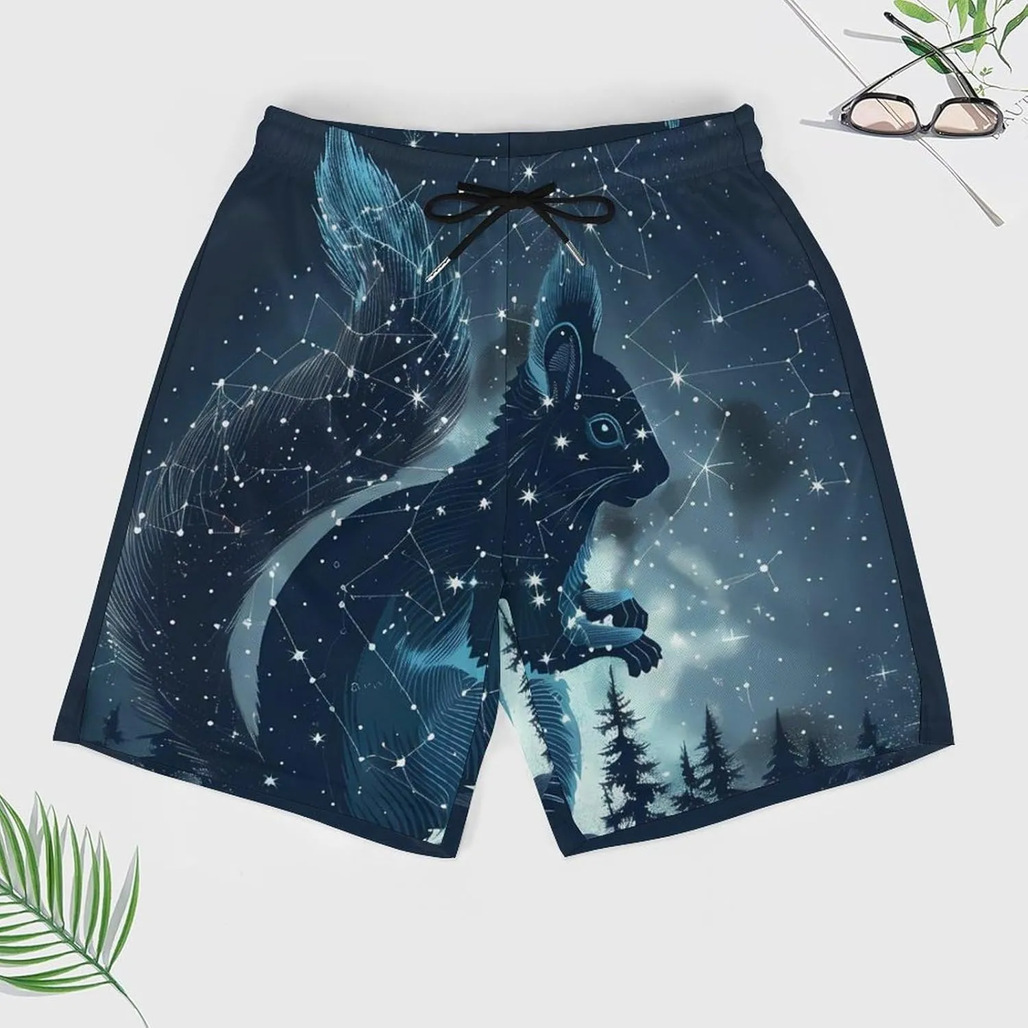 Squirrel Art Print Men's Swim Trunks Quick Dry Board Shorts Swimwear Beach Shorts with Compression Liner