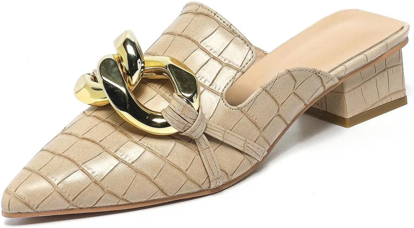 Stratuxx Kaze Women's Chunky Heeled Mules Slip on Closed Pointed Toe Backless Loafers with Metal Chain for Women Size 6-10