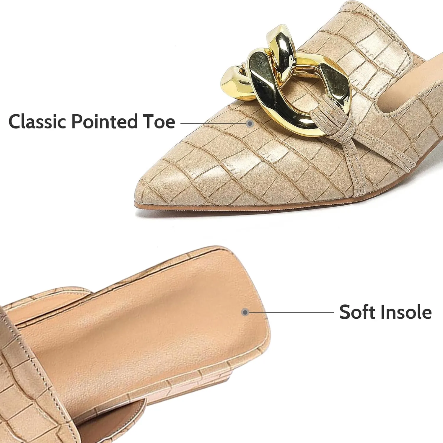 Stratuxx Kaze Women's Chunky Heeled Mules Slip on Closed Pointed Toe Backless Loafers with Metal Chain for Women Size 6-10