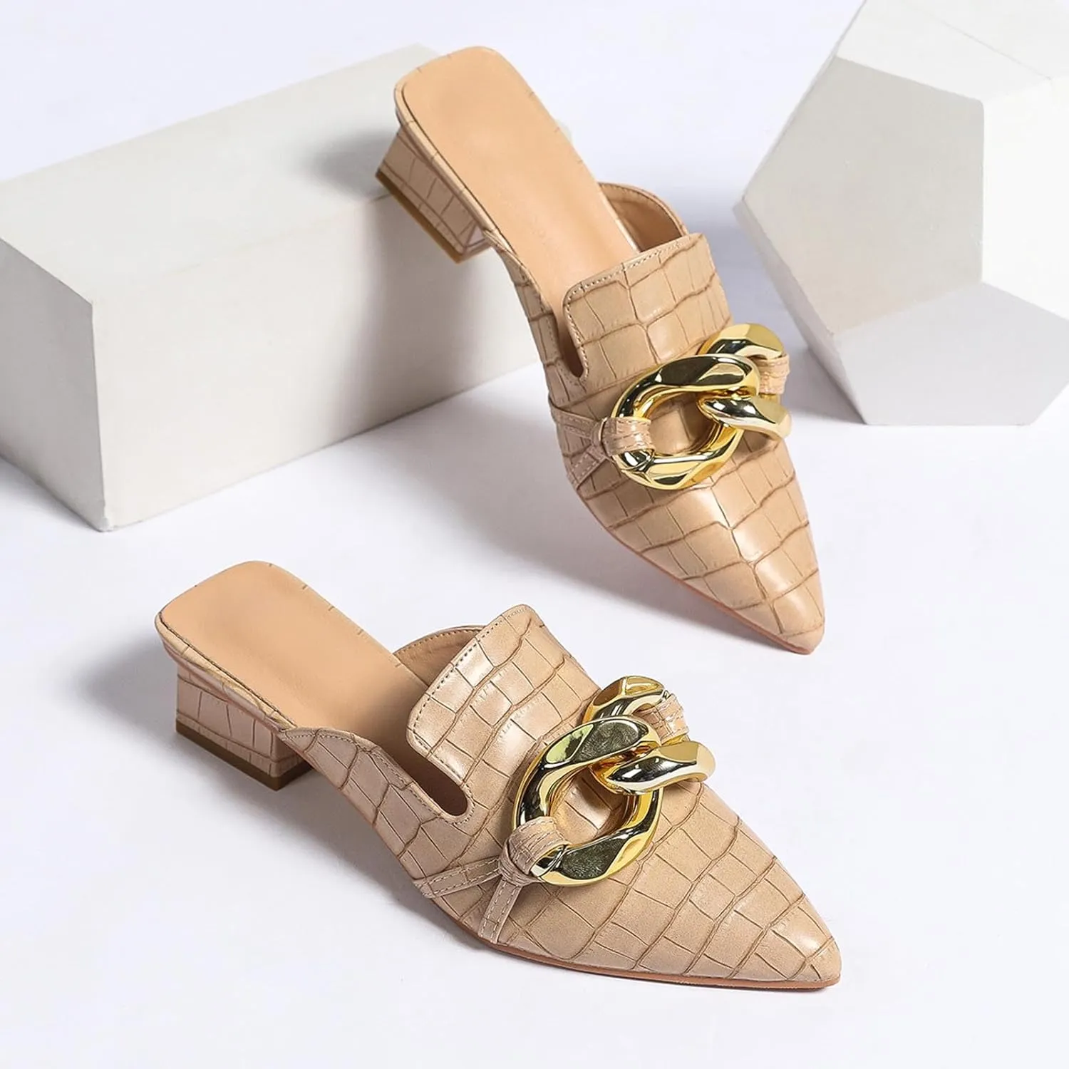 Stratuxx Kaze Women's Chunky Heeled Mules Slip on Closed Pointed Toe Backless Loafers with Metal Chain for Women Size 6-10