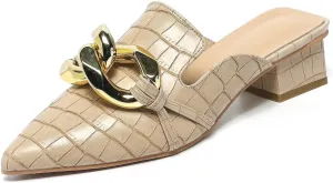 Stratuxx Kaze Women's Chunky Heeled Mules Slip on Closed Pointed Toe Backless Loafers with Metal Chain for Women Size 6-10