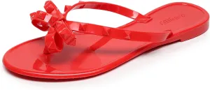 Studded Jelly Shoes for Womens Bow Flip Flops Jellies Sandals Flat Black Summer Beach Thong with Rivets Strappy Slides Slip On