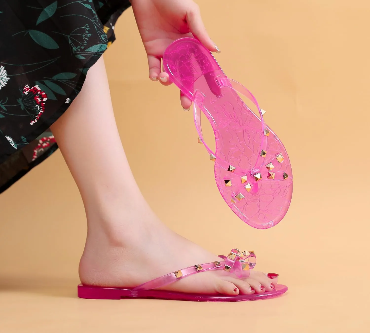 Studded Jelly Shoes for Womens Bow Flip Flops Jellies Sandals Flat Black Summer Beach Thong with Rivets Strappy Slides Slip On