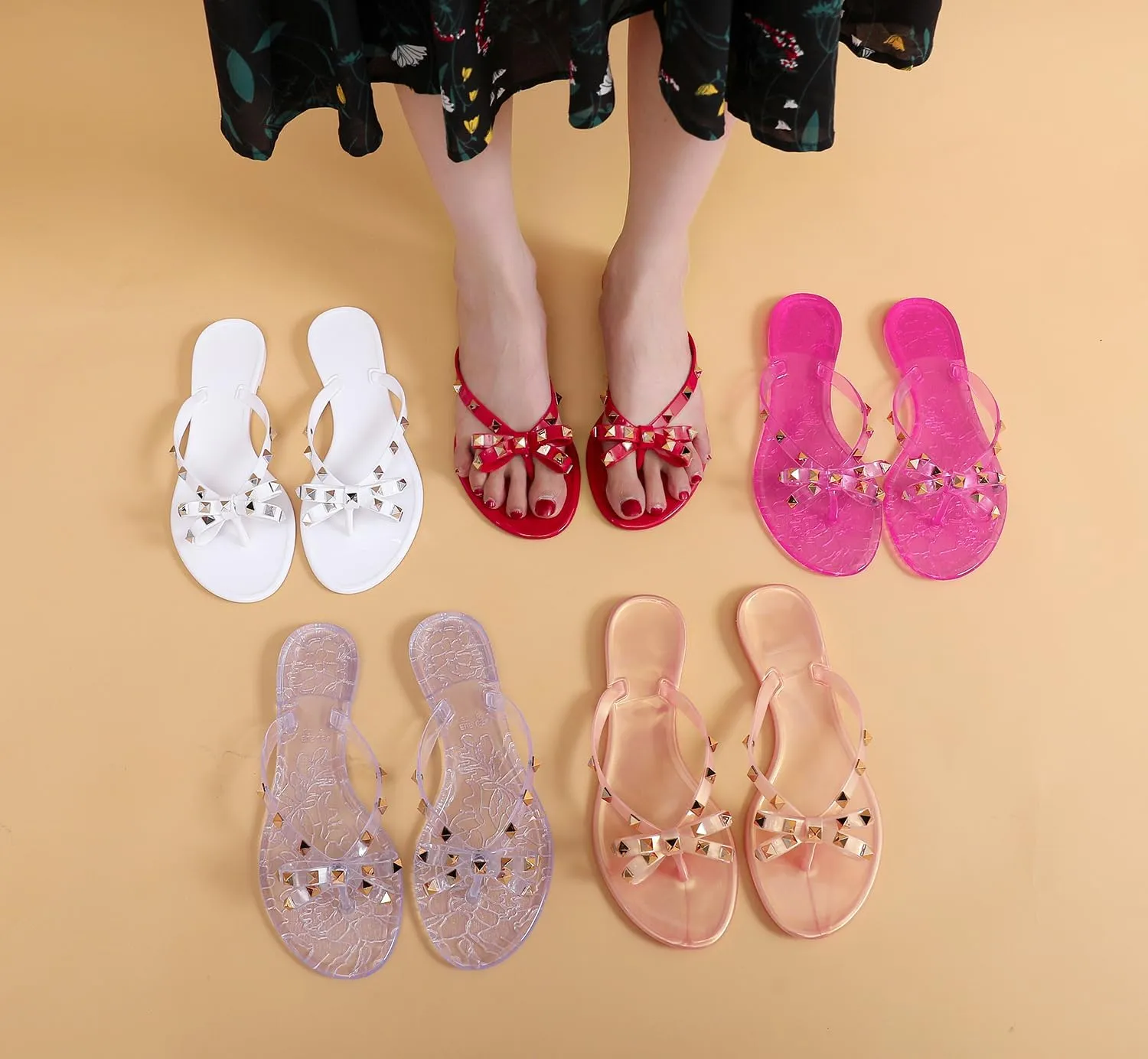 Studded Jelly Shoes for Womens Bow Flip Flops Jellies Sandals Flat Black Summer Beach Thong with Rivets Strappy Slides Slip On