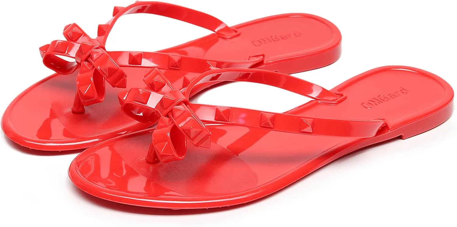 Studded Jelly Shoes for Womens Bow Flip Flops Jellies Sandals Flat Black Summer Beach Thong with Rivets Strappy Slides Slip On