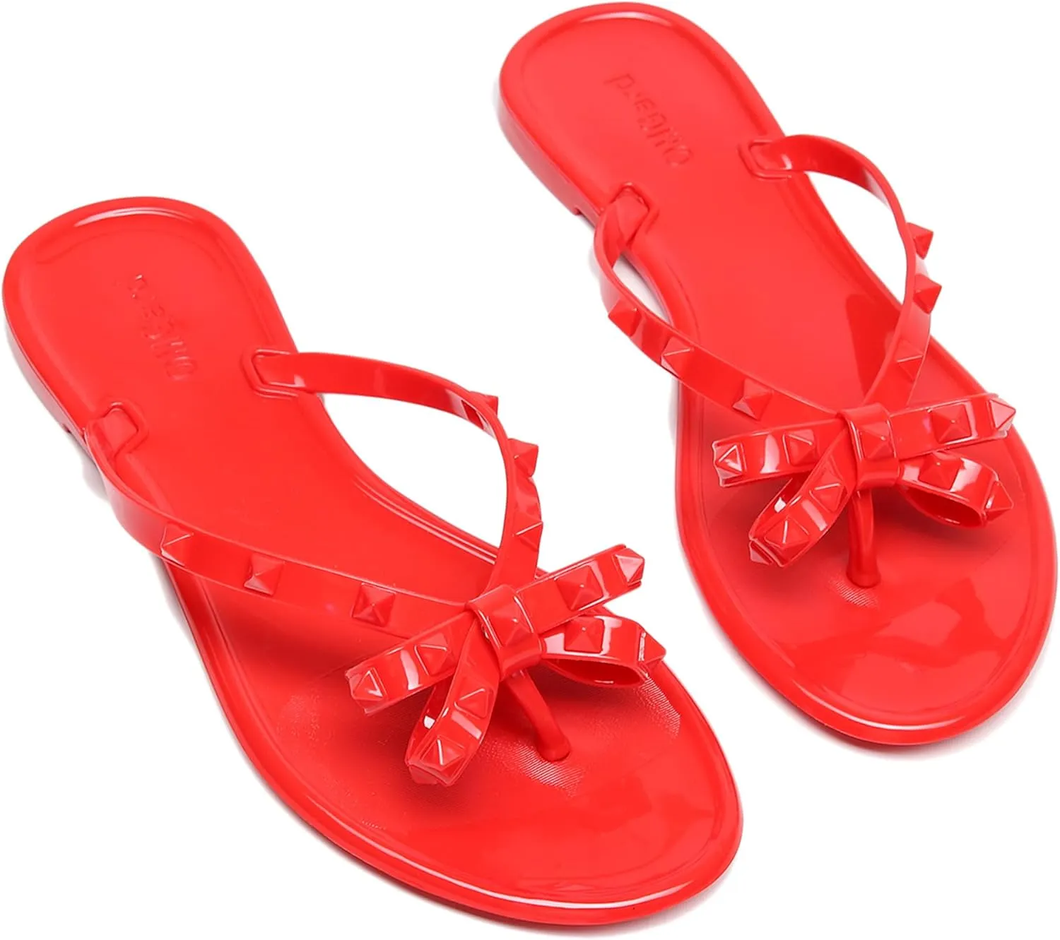Studded Jelly Shoes for Womens Bow Flip Flops Jellies Sandals Flat Black Summer Beach Thong with Rivets Strappy Slides Slip On