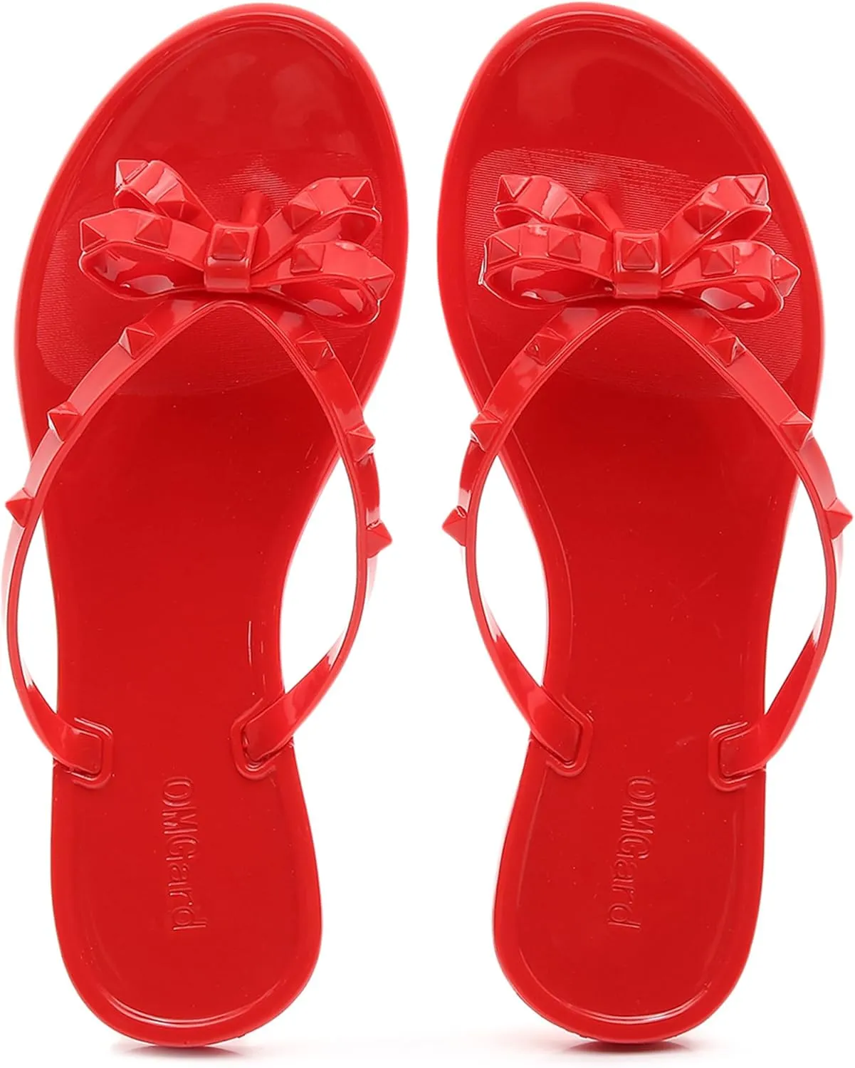 Studded Jelly Shoes for Womens Bow Flip Flops Jellies Sandals Flat Black Summer Beach Thong with Rivets Strappy Slides Slip On