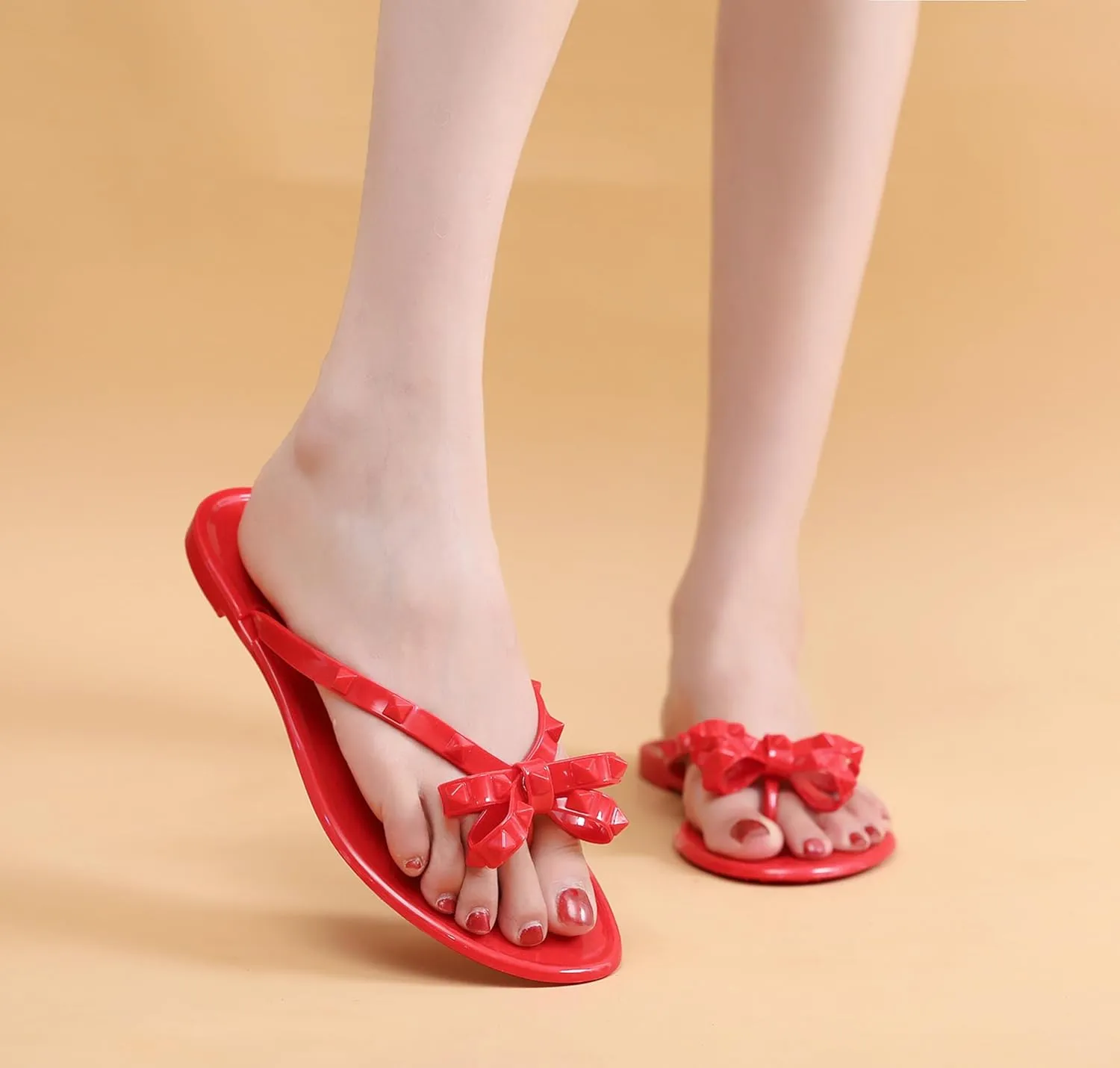 Studded Jelly Shoes for Womens Bow Flip Flops Jellies Sandals Flat Black Summer Beach Thong with Rivets Strappy Slides Slip On