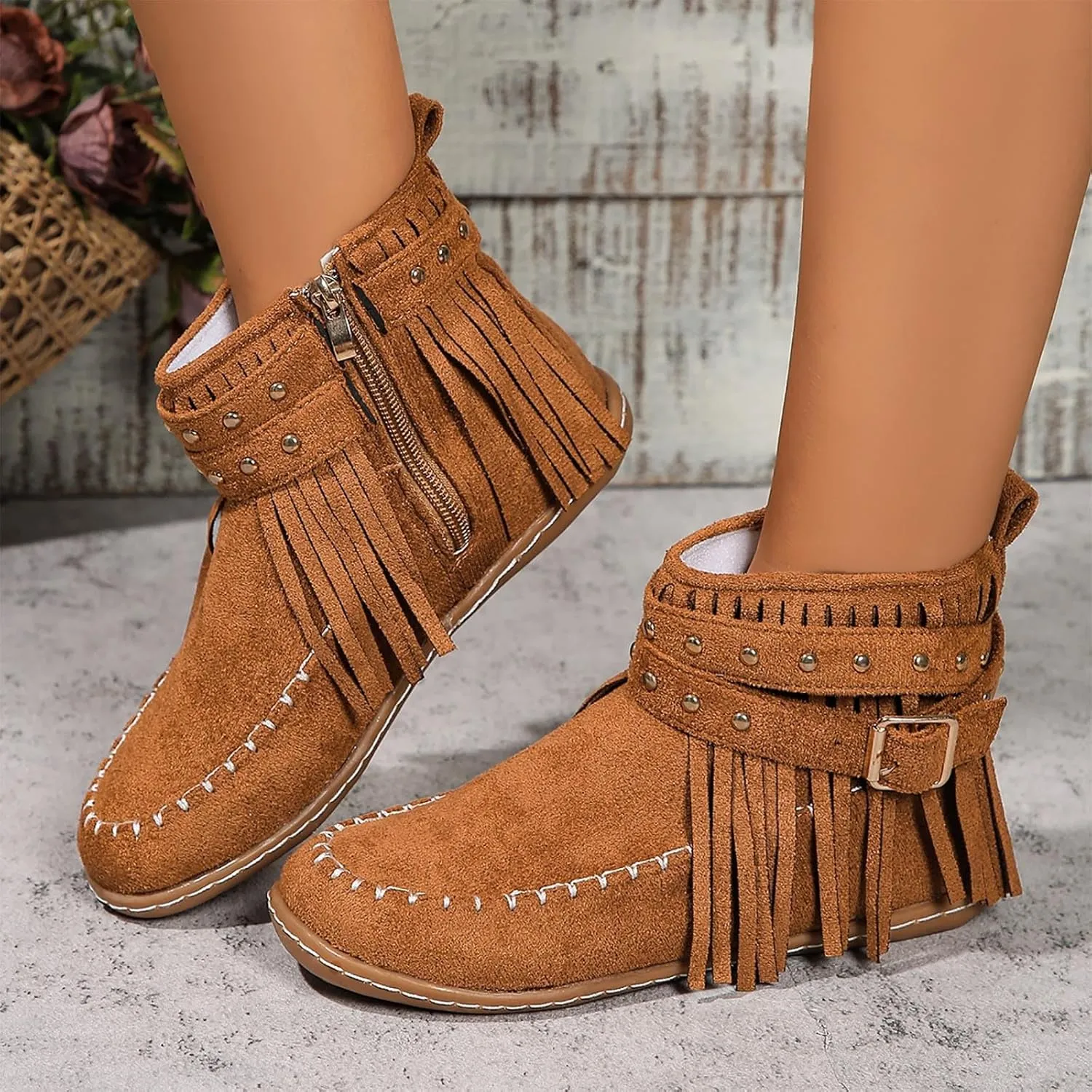 Suede Cowboy Boots Women Short Western Boots Suede Fringe Boots Flat Moccasin Boots Tassel Boots Hippie Boots