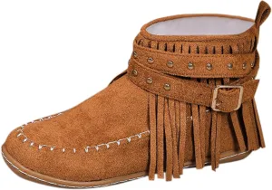 Suede Cowboy Boots Women Short Western Boots Suede Fringe Boots Flat Moccasin Boots Tassel Boots Hippie Boots