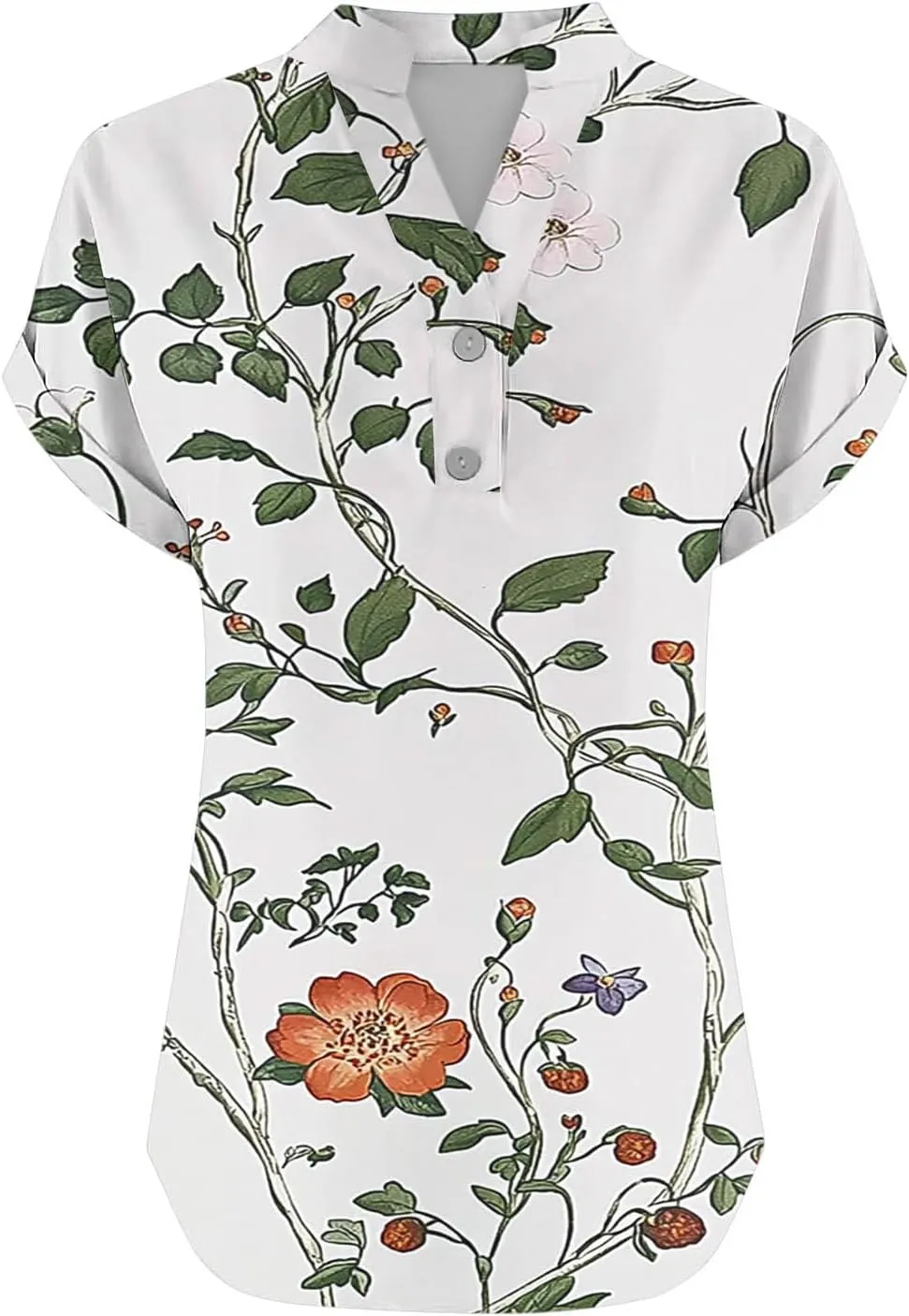 Summer Womens Floral Print Button V-Neck Tunic Tops Roll Up Short Sleeve Work Blouse Casual Loose Boho T-Shirts