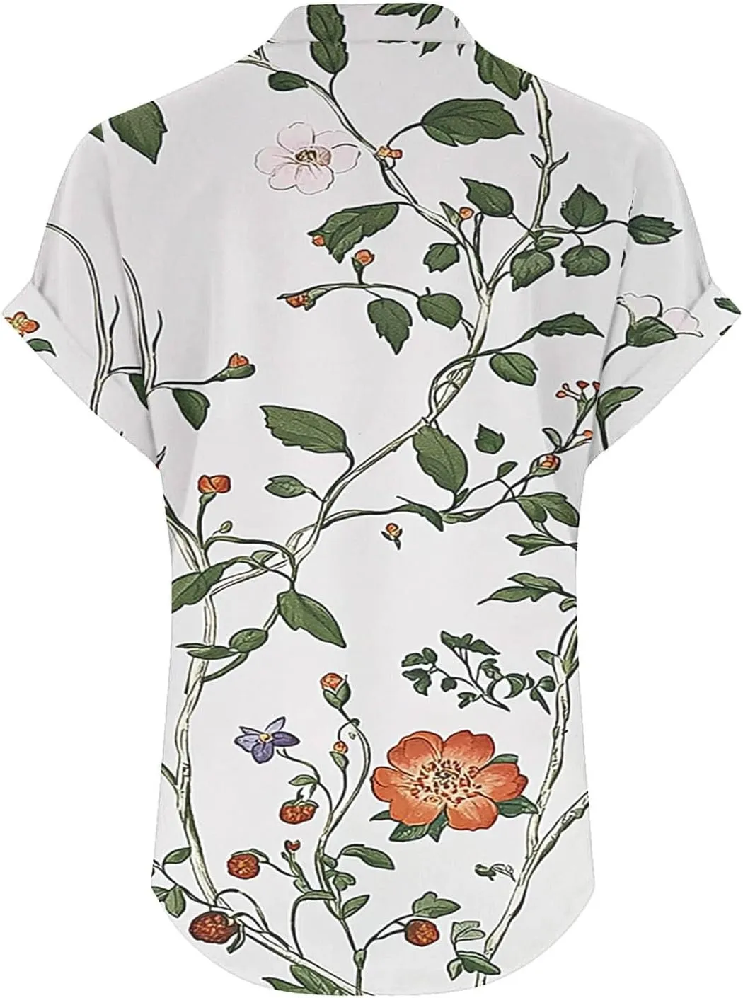 Summer Womens Floral Print Button V-Neck Tunic Tops Roll Up Short Sleeve Work Blouse Casual Loose Boho T-Shirts