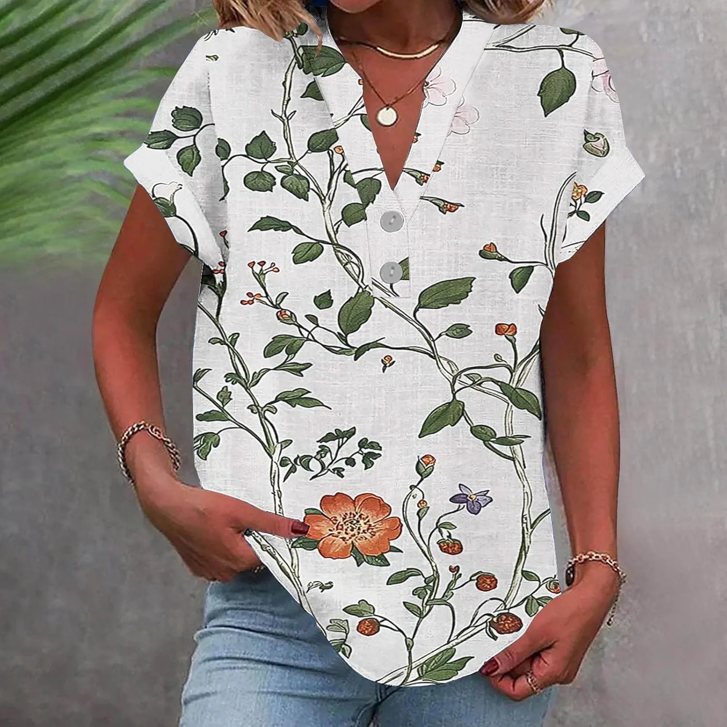 Summer Womens Floral Print Button V-Neck Tunic Tops Roll Up Short Sleeve Work Blouse Casual Loose Boho T-Shirts