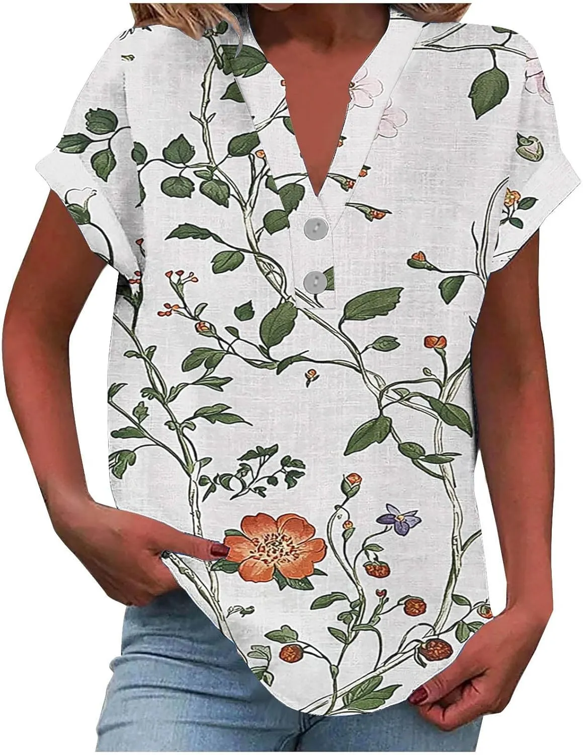 Summer Womens Floral Print Button V-Neck Tunic Tops Roll Up Short Sleeve Work Blouse Casual Loose Boho T-Shirts