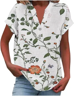 Summer Womens Floral Print Button V-Neck Tunic Tops Roll Up Short Sleeve Work Blouse Casual Loose Boho T-Shirts
