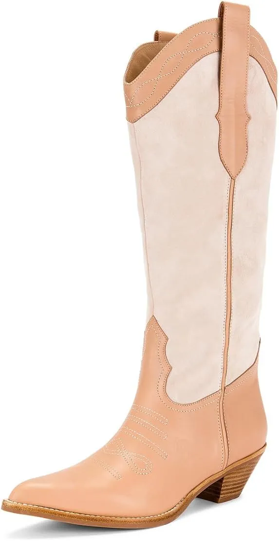 Tang'scuisins Women Modern Closed Pointed Toe Knee High Boots Chunky Mid Heel Pull on Riding Boots Casual Outdoor Dress Office Cowboy Boots Size 4-16 US