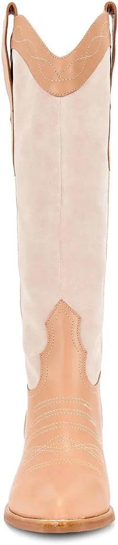 Tang'scuisins Women Modern Closed Pointed Toe Knee High Boots Chunky Mid Heel Pull on Riding Boots Casual Outdoor Dress Office Cowboy Boots Size 4-16 US