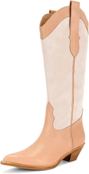 Tang'scuisins Women Modern Closed Pointed Toe Knee High Boots Chunky Mid Heel Pull on Riding Boots Casual Outdoor Dress Office Cowboy Boots Size 4-16 US