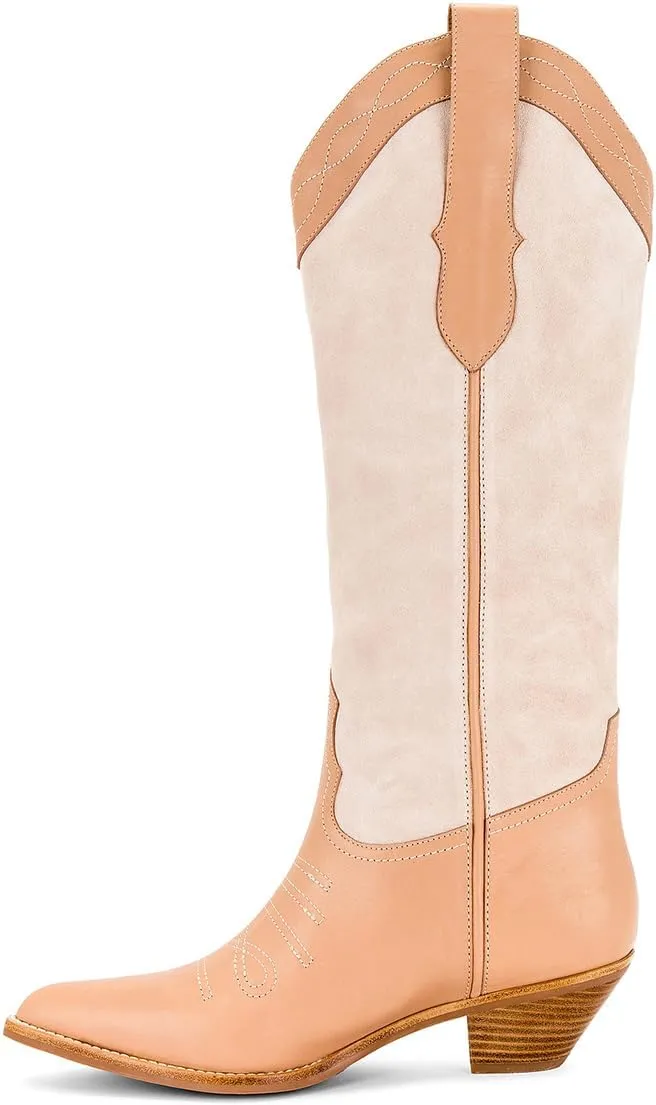 Tang'scuisins Women Modern Closed Pointed Toe Knee High Boots Chunky Mid Heel Pull on Riding Boots Casual Outdoor Dress Office Cowboy Boots Size 4-16 US