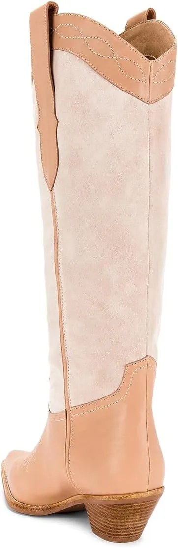 Tang'scuisins Women Modern Closed Pointed Toe Knee High Boots Chunky Mid Heel Pull on Riding Boots Casual Outdoor Dress Office Cowboy Boots Size 4-16 US