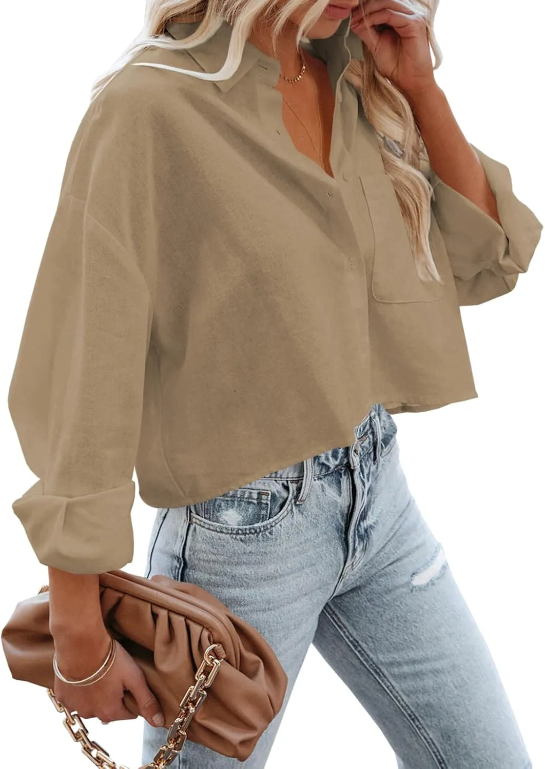 Tankaneo Womens Button Down Cropped Shirts Long Sleeve Casual Crop Tops Solid Lapel Blouse Shirt with Chest Pocket