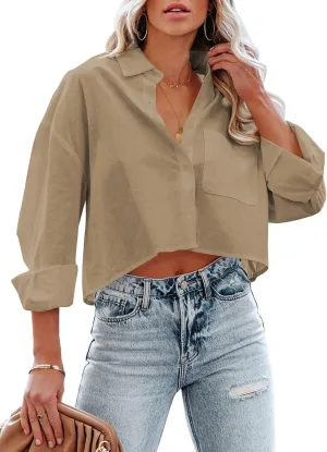 Tankaneo Womens Button Down Cropped Shirts Long Sleeve Casual Crop Tops Solid Lapel Blouse Shirt with Chest Pocket
