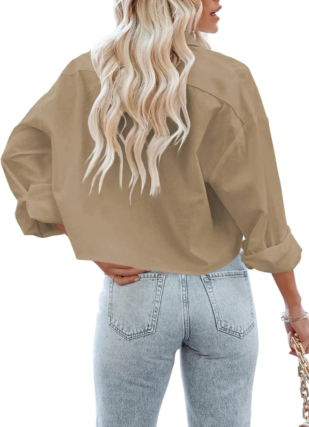 Tankaneo Womens Button Down Cropped Shirts Long Sleeve Casual Crop Tops Solid Lapel Blouse Shirt with Chest Pocket