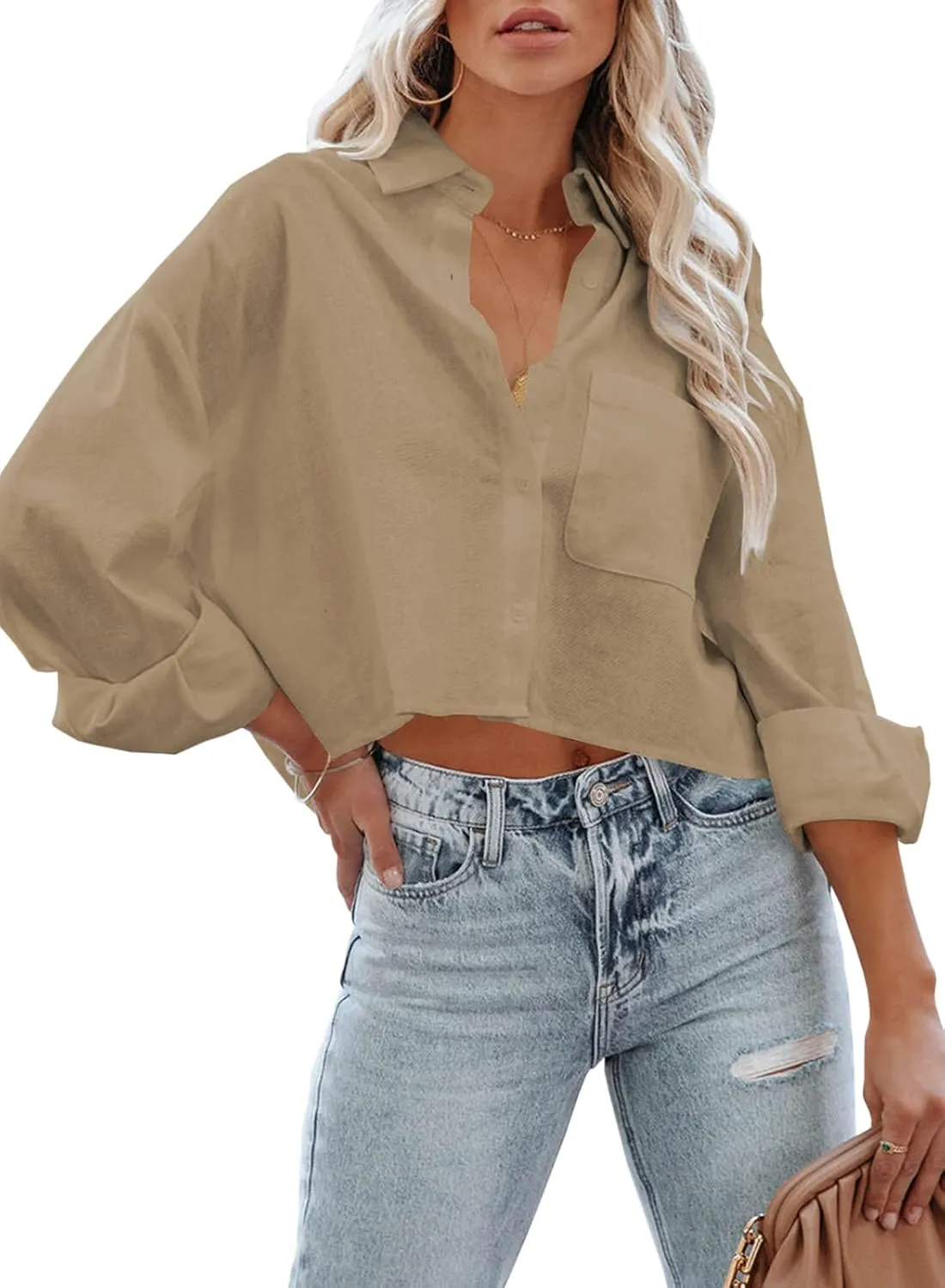 Tankaneo Womens Button Down Cropped Shirts Long Sleeve Casual Crop Tops Solid Lapel Blouse Shirt with Chest Pocket